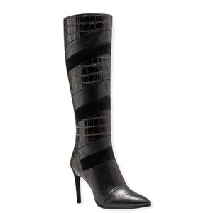 Vince Camuto Saraalan Black Leather Snakeprint Knee Boots